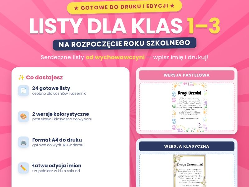 Listy dla klas 1–3 na rozpoczęcie roku szkolnego 🍎